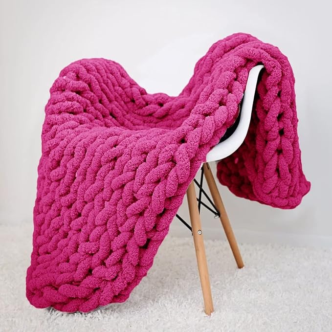 huraty Large Chenille Throw Blanket Chunky Hand Knit Bed Throw 59x79 Fuchsia Warm Blanket for Adults Kids Boho Home Decorations