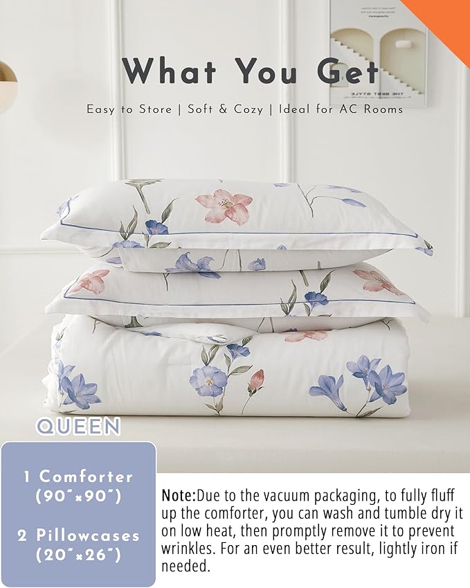 ALEISSEL Natural Cotton 3pcs Floral Comforter Sets Queen Size - White Comfoter with Blush,Blue & Beige Floral Prints, Neutural Refresh Lightweight Bedding Sets(Queen 90"×90")