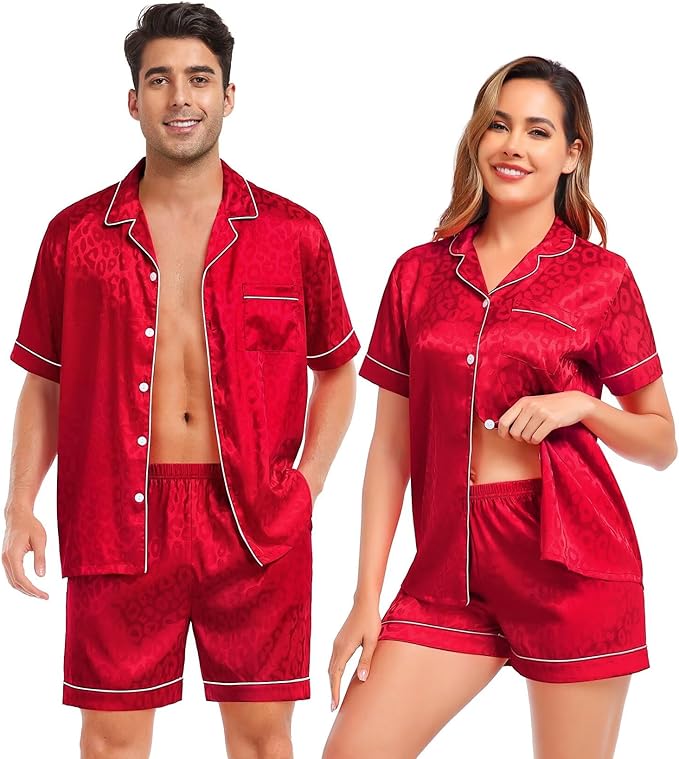 SWOMOG Satin Matching Pajamas Sets Couple Silk Button Down Nightwear Women & Men Short Sleeve Sleepwear 2 Pieces Loungewear