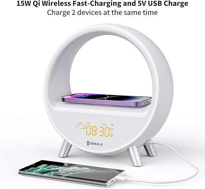 Dekala Arches Gradual Sunrise Alarm Clock with Wireless Charging, Sunset White Noise Sound Machine Loud Sunsire Alarm Clock for Heavy Sleepers Smart Ambient Lamp Sunrise App/Touch Control 2.4G WiFi