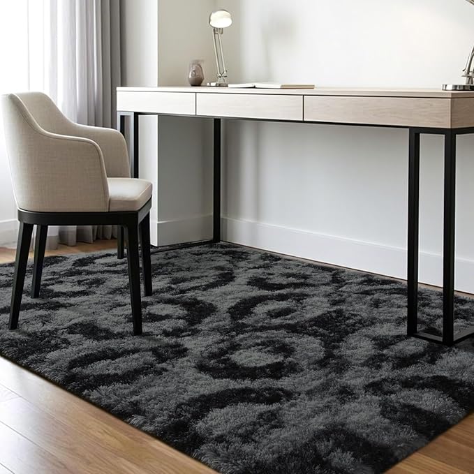 ISEAU 5x7 Rug for Bedroom, Charcoal Gray Geometric Pattern Fluffy Rug for Living Room, Kitchen, Soft Shag Carpets, Plush and Machine Washable Mats, Nursery Floors Mat, Boys Room Carpet Decor