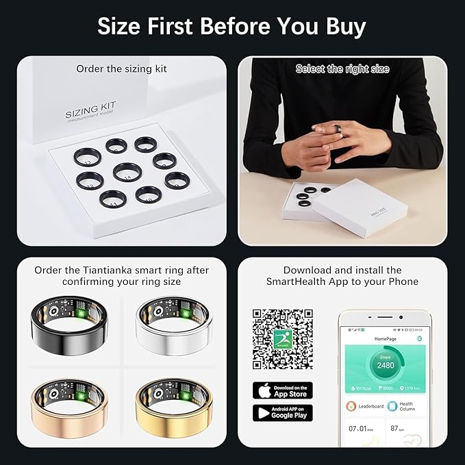 Ring Health Tracker for Women Men, Fitness Ring with Heart Rate, Blood Oxygen, Sleep Monitor, Calories, Step Counter, IP68 Waterproof Smart Ring for iPhone & Android, No Subscription Fee (Black, 12#)