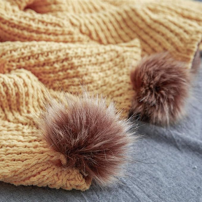 vctops Fur Pom Pom Knit Throw Blanket Super Soft Warm Cozy Cable Knitted Blanket for Sofa and Couch 51 x 63 Inch Mustard Yellow