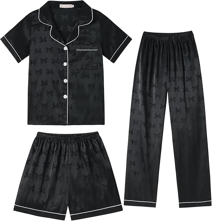 Hupohoi Unisex Girls Boys Kids Pajama Sets Button Down Satin Sleepwear Nighty 3PCS Silky Lounge Sets Nightwear