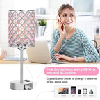 Hong-in Pink Lamps for Night Stands-Crystal Table Lamp with USB-C+A & AC Charging Ports, 3-Way Dimmable Nightstand Touch Lamp, Bedside Desk lamp for Bedroom Living Room Home Office