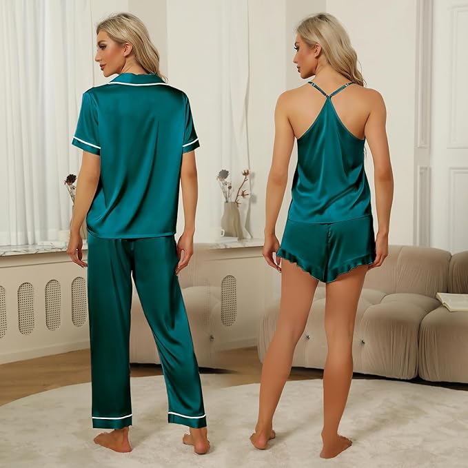 SAPJON Silk Pajamas for Women Set 4Pcs Ruffled Satin Pajamas Set Button Down Short Sleeve Cami Shorts Sleepwear Pj Set