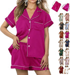 WJing Yi Jia Womens 3Pcs Floral Pajamas Sets Silk Satin Sleepwear XS~4XL Button Down Short Sleeve Shirt Pjs Loungewear