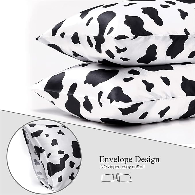 Satin Pillowcase for Hair and Skin, Cow Print Pillow Cases 2 Pack King Satin Pillowcase Set of 2 Cooling Silky Cow Pillowcase with Envelope Closure (20x36 inches, Black and White)
