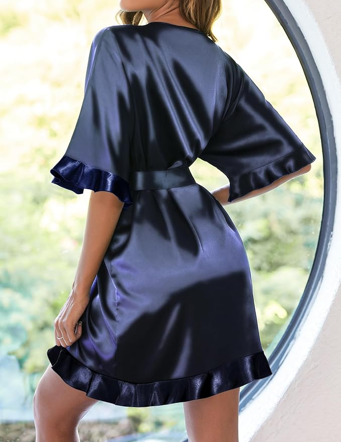Ekouaer Womens Silk Ruffle Robe Short Satin Kimono Robe Half Sleeve Bathrobe Bridesmaid Wedding Party Dressing Gown