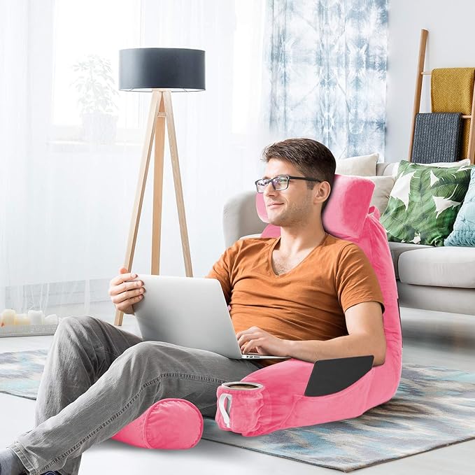 Clara Clark Reading Pillow with Shredded Memory Foam Includes 2 Neck and Lumber Support Pillows, Designed for Sitting Up in Bed and Couch Back and Arms Adjustable Support for Adults & Teens Light Pink