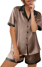 Ekouaer Womens Silk Satin Pajama Set Short Sleeve PJs 2 Piece Button Down Top and Shorts Notch Collar Sleepwear Sets Soft Pjs