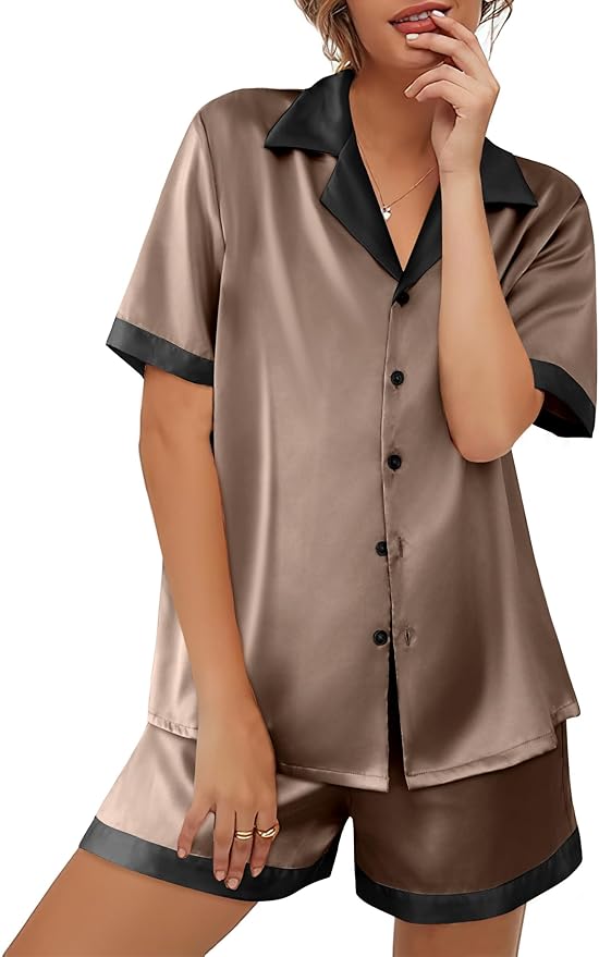 Ekouaer Womens Silk Satin Pajama Set Short Sleeve PJs 2 Piece Button Down Top and Shorts Notch Collar Sleepwear Sets Soft Pjs