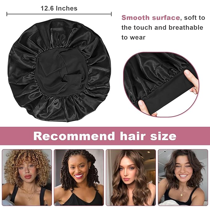 4Pcs Satin Bonnet Silk Bonnet, Hair Bonnet for Sleeping, Elastic Wide Band Sleep Cap, Soft and Breathable Silk Hair Wrap for Sleeping (Black Purple Pink Blue)
