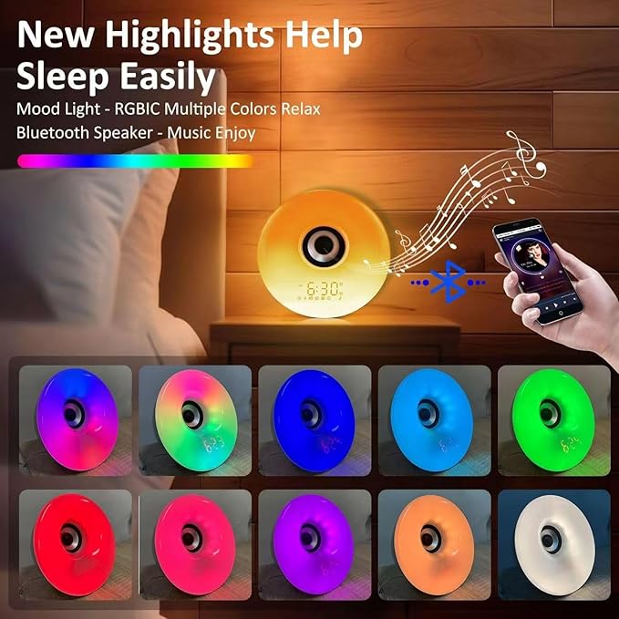 Sunrise Alarm Clock - 7 RGB Night Light, Digital Clock with 7 Alarms, Adjustable White Noise Sound Machine with FM & Bluetooth Speaker, Smart Alarm Clocks for Bedrooms & Thoughtful Gifts