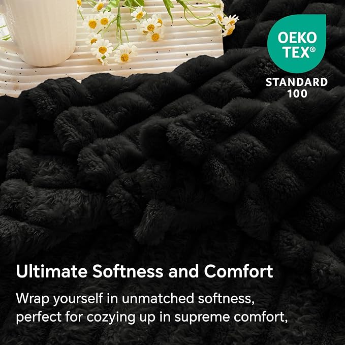 BEDELITE Black Throw Blanket Twin Size for Bed- Super Soft and Warm 3D Checkered Fluffy Fuzzy Fleece Blanket, Luxurious Plush Cozy Blanket for Room Decor Fall and Winter, 60x80 inches