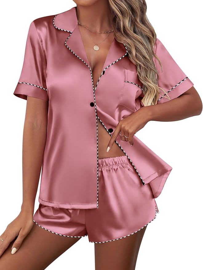 Ekouaer Silk Satin Pajamas Set Short Sleeve Pj Sets Black & White Contrast Piping Pjs Button Down Lounge Sets 2 Piece