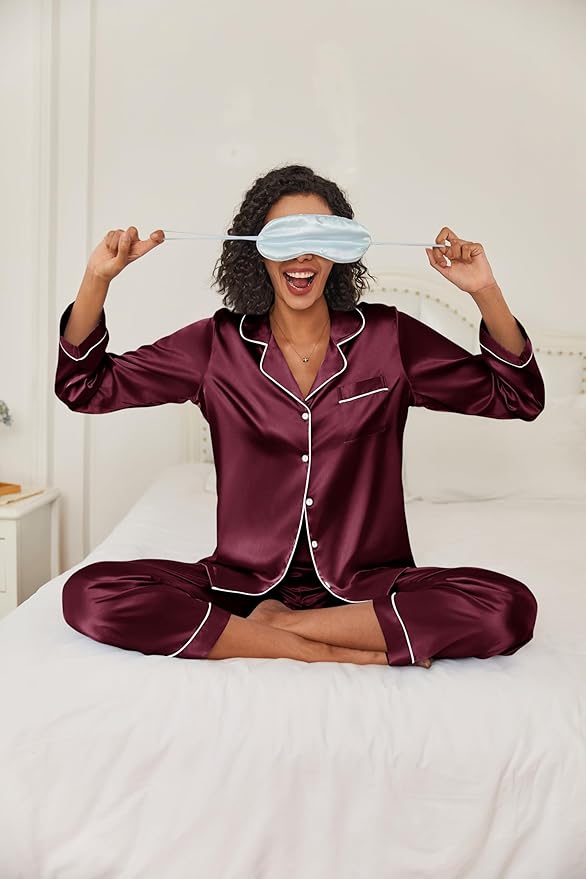 Ekouaer Women's Classic Button Down Long Satin Silk Pajama Set