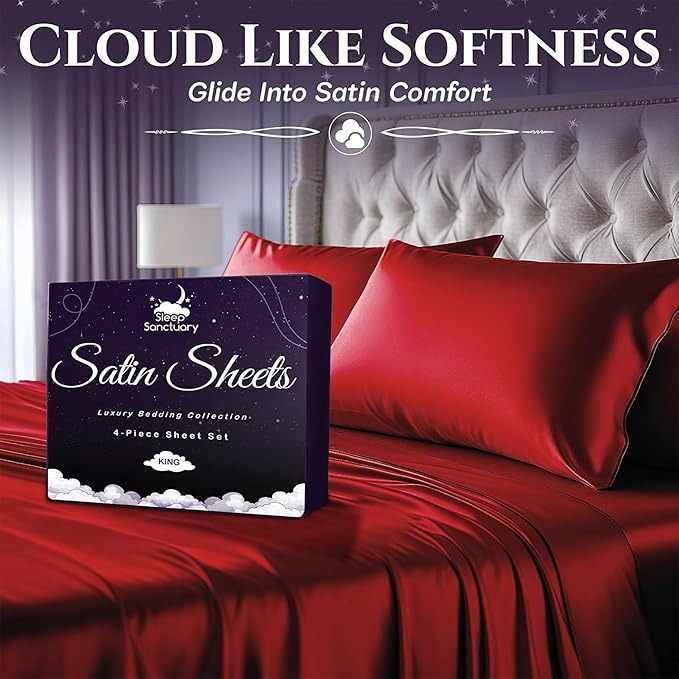 SLEEP SANCTUARY Satin Sheets Twin Size – 3 Piece Luxury Silky Bed Set, Softer Than Silk, 15" Deep Pocket, Cooling & Wrinkle-Free, Moisture-Wicking & Breathable for Hair & Skin (Red)
