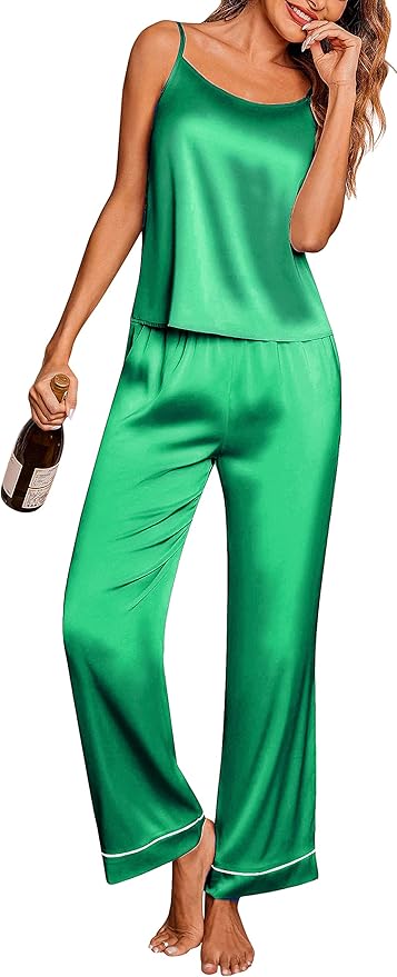 Ekouaer Women Silk Satin Pajamas Sleeveless Pjs Set 2 Piece Summer Loungewear Sleepwear with Pockets S-XXL