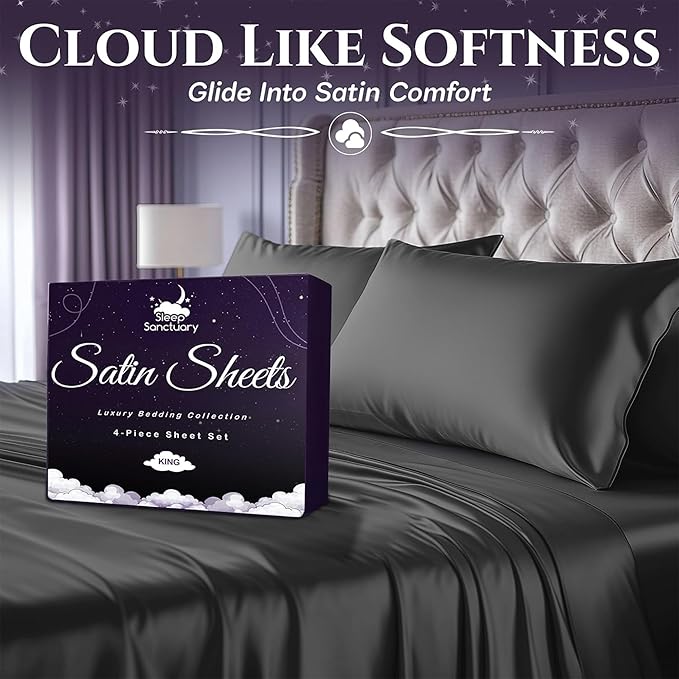 SLEEP SANCTUARY Satin Sheets King Size – 4 Piece Luxury Silky Bed Set, Softer Than Silk, 15" Deep Pocket, Cooling & Wrinkle-Free, Moisture-Wicking & Breathable for Hair & Skin (Stone Grey)