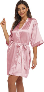 Women's Pure Short Kimono Robes Bride Bridesmaids Silky Bathrobe Lightweight Satin Sleepwear