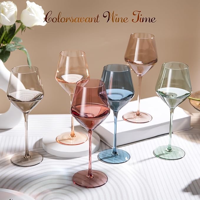 Colored Wine Glasses Set of 6-16OZ Colorful Wine Glass with Stem【HandBlown】 Muted Wine Glasses Colored Set,Wine Gifts for Party,Home Deco