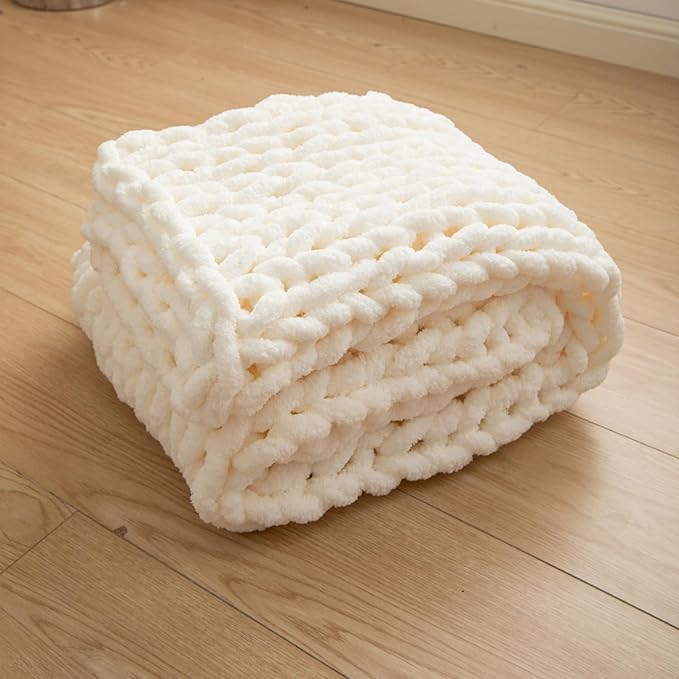 Luxury Chunky Knit Blanket Throw, Handmade Thick Chenille Yarn Throw 40"x40", Cream Cable Knit Crochet Blanket, Decorative Cozy and Soft Crochet Throw Blanket for Couch Home Decor