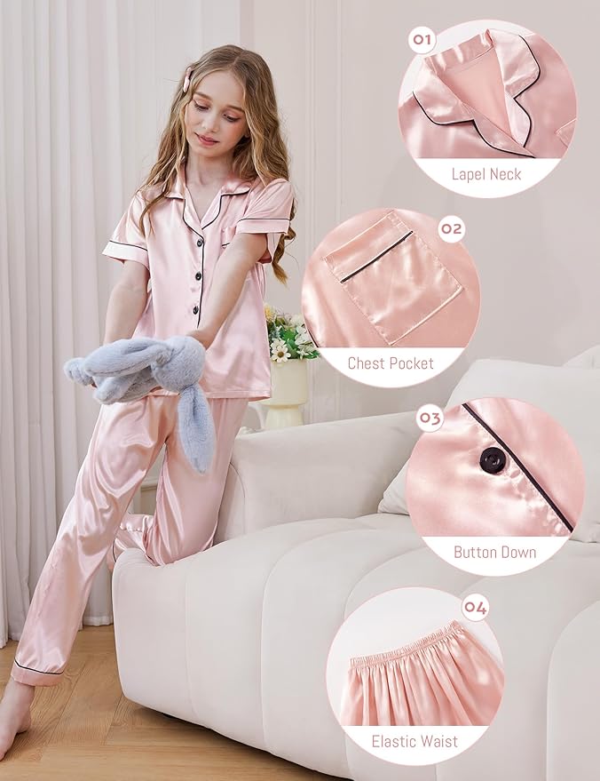 DIPUG 3 Piece Girls Silk Pajamas Set Soft Satin PJs Sleepwear for Comfortable Nights