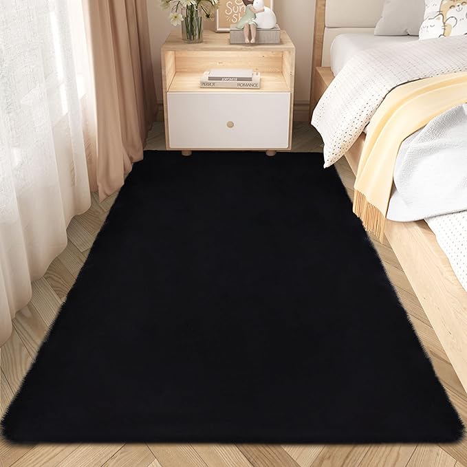 Black Faux Rabbit Fur Rug 3x5 Fluffy Fuzzy Rug for Bedroom Living Room Nursery Bedside Carpet Washable Area Rug
