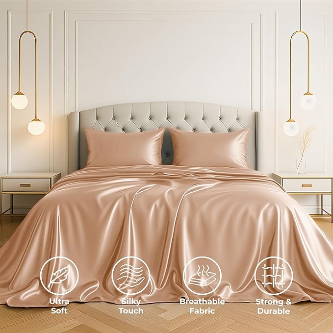 Pure Bedding Satin Sheets California King [4-Piece, Rose Gold] Hotel Luxury Silky Bed Sheets - Extra Soft Microfiber Sheet Set, Wrinkle Resistant - Deep Pocket Fitted Sheet, Flat Sheet, Pillow Cases