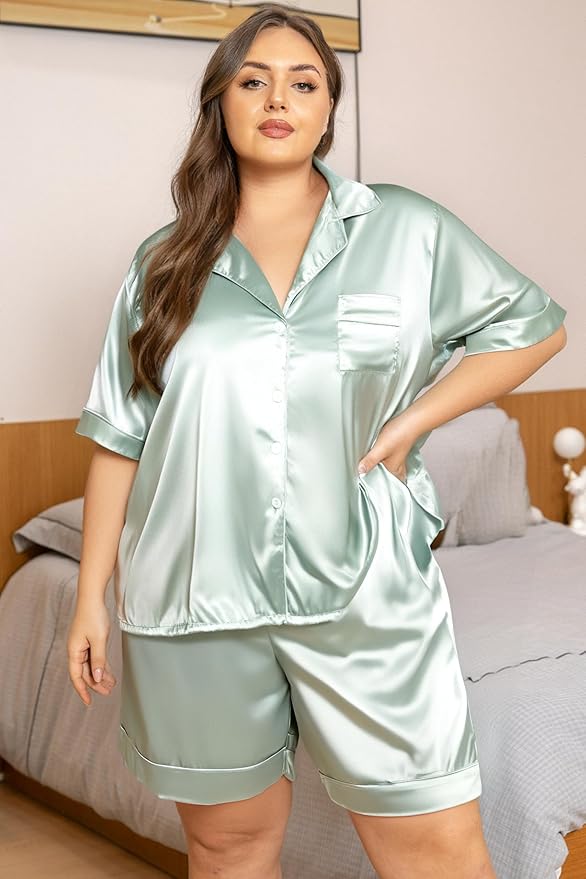 Vozanet Women's Short Sleeve Satin Pajama Sets Silky Ladies Button Down Loungewear Plus Size Nighty Shorts Sets XL to 5XL