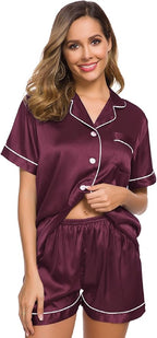 SWOMOG Womens Silk Satin Pajamas Set Short Sleeve Sleepwear Button Down Top and Shorts Loungewear 2 Piece Pjs Set XS-3XL