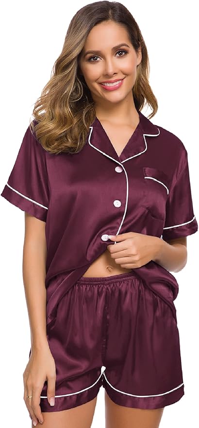 SWOMOG Womens Silk Satin Pajamas Set Short Sleeve Sleepwear Button Down Top and Shorts Loungewear 2 Piece Pjs Set XS-3XL