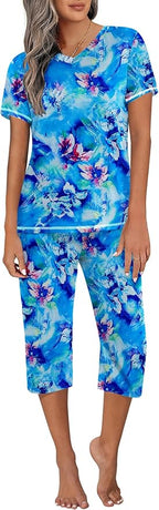 Ekouaer Women's Sleepwear Capri Pajama Sets Short Sleeve Two-Piece Pjs V Neck Tops & Capri Pants with Pockets S-3XL