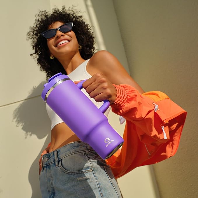 40 oz Tumbler with Handle and Straw: Stainless Steel Insulated Tumbler Keeps Cold for 24 Hours, Leakproof Travel Cup Fits in Cup Holder and BPA-Free,Violet