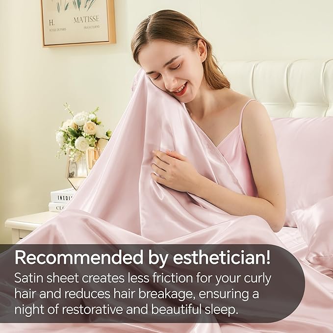 BEDELITE California King Sheets Set, Luxury Soft Pink Satin Sheets for Hair and Skin, Similar to Silk Bed Sheets Set 4 Pieces with 1 Deep Pocket Fitted Sheet, 1 Flat Sheet, and 2 Pillowcases