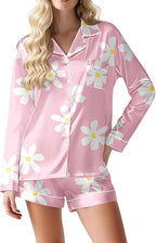 Ekouaer Satin Pajama Set for Women Button Down Pj Set Long Sleeve Top and Shorts 2 Piece Loungewear Summer Soft Sleepwear