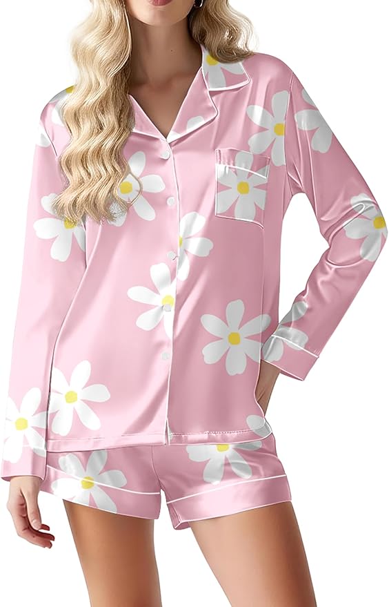 Ekouaer Satin Pajama Set for Women Button Down Pj Set Long Sleeve Top and Shorts 2 Piece Loungewear Summer Soft Sleepwear
