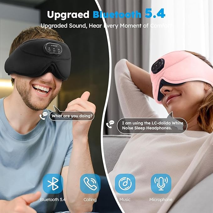 LC-dolida White Noise Sleep Mask, 3D Sleep Headphones with 16 Soothing Sounds, Bluetooth 5.4 Sleep Eye Mask with Timer, Total Blackout Sleeping Headphones for Side Sleeper (Black) (Pink)