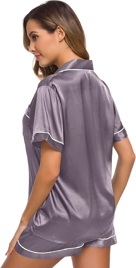 SWOMOG Womens Silk Satin Pajamas Set Short Sleeve Sleepwear Button Down Top and Shorts Loungewear 2 Piece Pjs Set XS-3XL