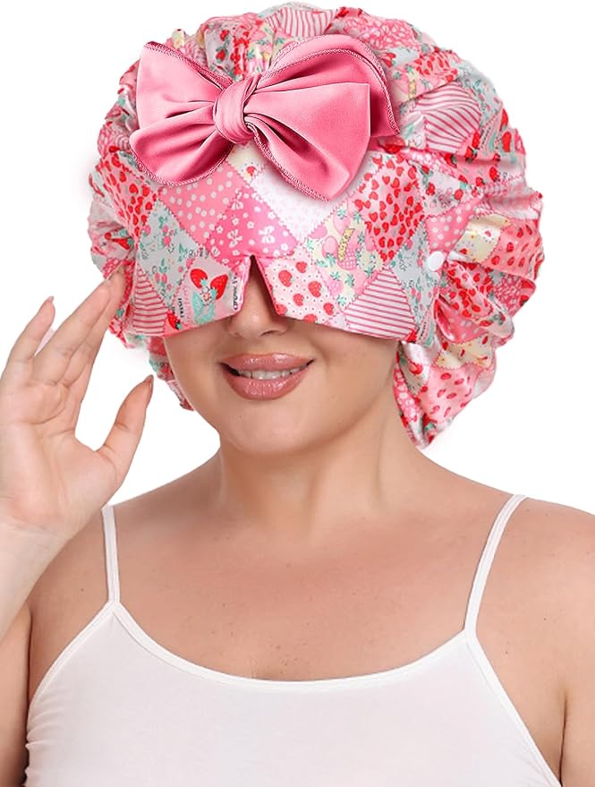 Double Layer Satin Bonnet with Detachable Eye Mask Night Cap for Curly Braids Hair Reduces Frizz Locks in Moisture
