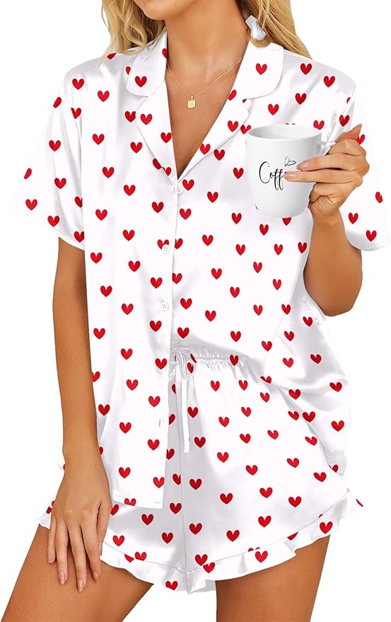 HOTOUCH Womens Satin Pajamas Set Button Down 2 Piece Silk Pjs Shorts Set Ruffle Lingerie Notch Collar Sleepwear