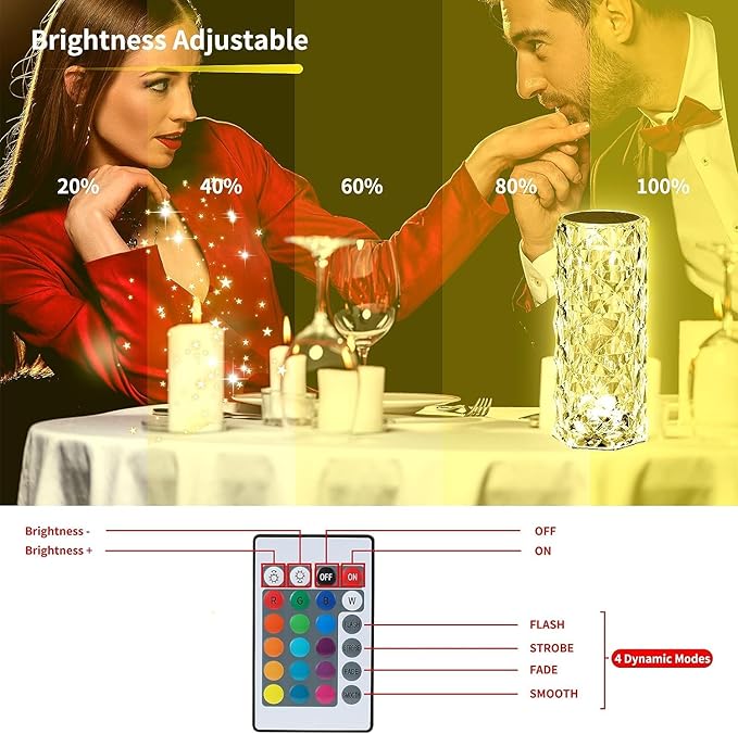 Deogos Crystal Table Lamp, Remote and Touch Control Rose Wave Lamp, RGB Color Changing Night Light, Dimmable, USB Rechargeable Decoration Ambient Lighting for Dinner/Bars/Game room/Living Room/Bedroom