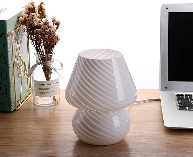 BSOD Mushroom Lamp,Glass Table Bedside Lamps Translucent Murano Vintage Style Striped Small Night Mushroom Decor Light Swirl for Ambient,Kids,Bedroom,Living,Girl Gift (Stripe White)