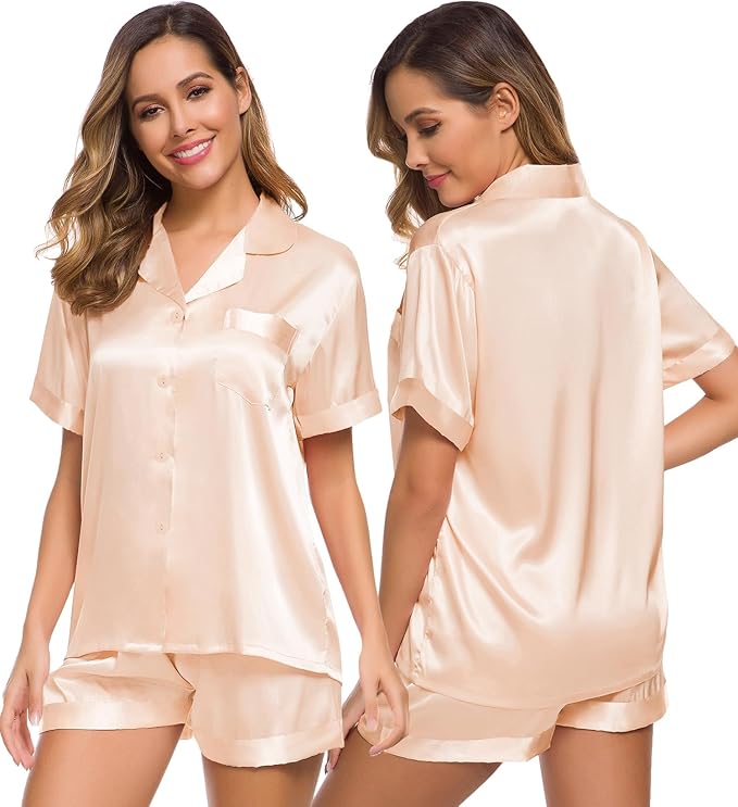 SWOMOG Womens Silk Satin Pajamas Set Short Sleeve Sleepwear Button Down Top and Shorts Loungewear 2 Piece Pjs Set XS-3XL