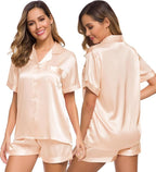 SWOMOG Womens Silk Satin Pajamas Set Short Sleeve Sleepwear Button Down Top and Shorts Loungewear 2 Piece Pjs Set XS-3XL