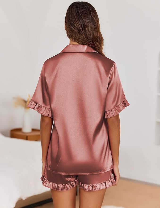 Ekouaer Satin Pajama Set for Women Button Down Silk 2 Piece Pj Sets Ruffle Short Sleeve Sleepwear