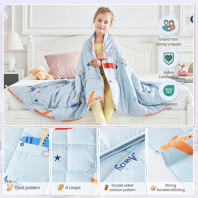 HOSUKKO Weighted Blanket - 7 lbs Blue Airplane Heavy Blanket - Breathable Blanket(41 * 60 inches, 7 lbs)
