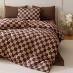 CLOTHKNOW Dark Brown Plaid Queen Comforter Set 3Pcs Grid Bedding Comforter Sets Soft Checkerboard Geometric Comforter with 2 x Pillow Cases
