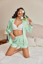 Ekouaer Satin Pajama Set for Women Button Down Pj Set Long Sleeve Top and Shorts 2 Piece Loungewear Summer Soft Sleepwear